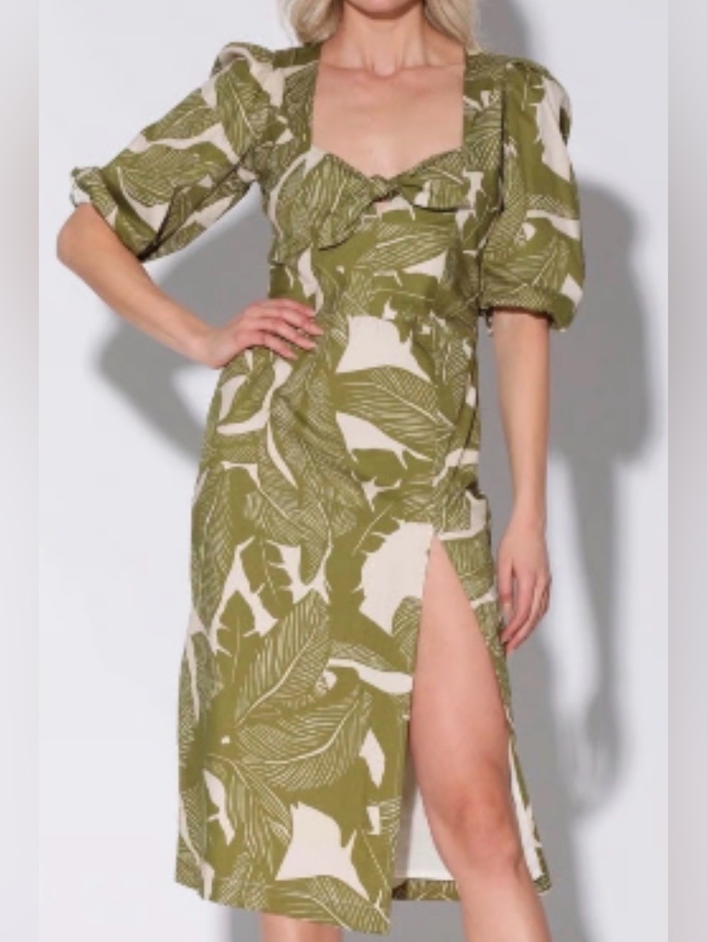 Walter Baker Tropical Palm Print Cotton Midi Dress Size 8 Puff Sleeve Resort EUC